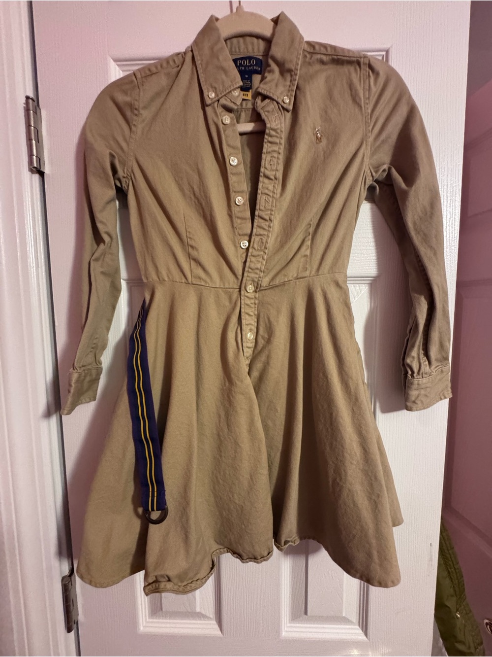 Polo by Ralph Lauren Tan Button-Front Shirt Dress with Embroidered Pony